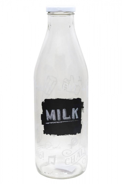 Weithalsflasche/Milchflasche 1000ml bedruckt im Schiefer und Kreide inkl. Deckel weiss